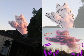 日本火山喷发喷出只“粉色猫咪”
